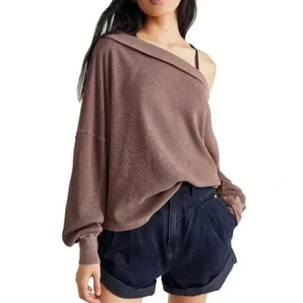 We the Free People Close to You Waffle Knit Off The Shoulder Top in Brown Small